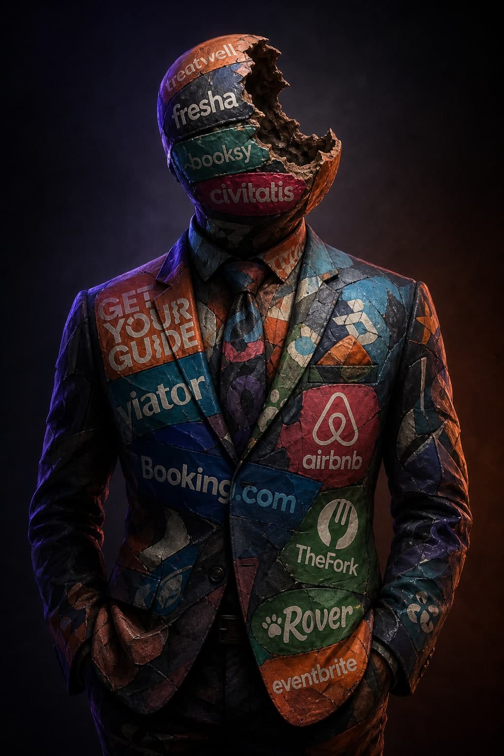 A figure wearing a suit made of platform logos, its head bitten away